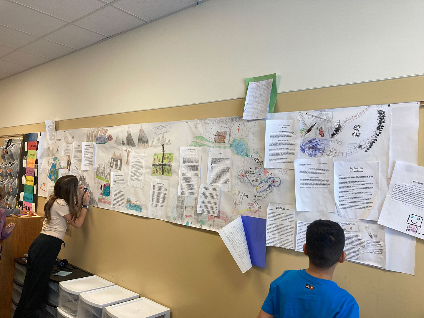 Students co-create a thinking wall — a method of “making thinking visible” (Project Zero) and collaborative learning.
