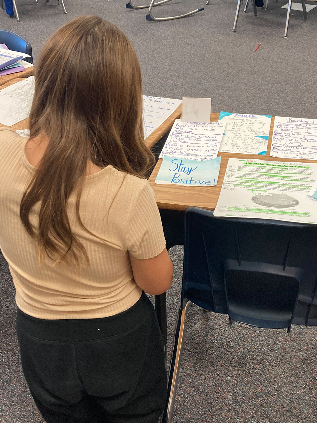 A student offers peer-to-peer feedback during an Exhibition of Learning.